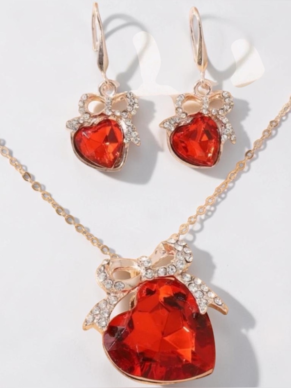 NEW•Vivianne Vintage Crystal & Ruby Hearts & Bows Earring & Necklace Set